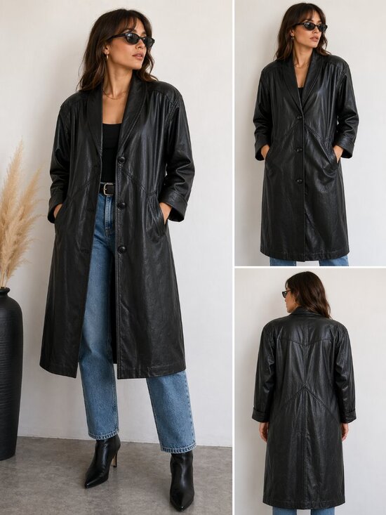 Jacqueline Ferrar Jackets & Blazers - Vintage 90s Black Leather Trench Coat Oversized Minimalist Long Coat - Size M